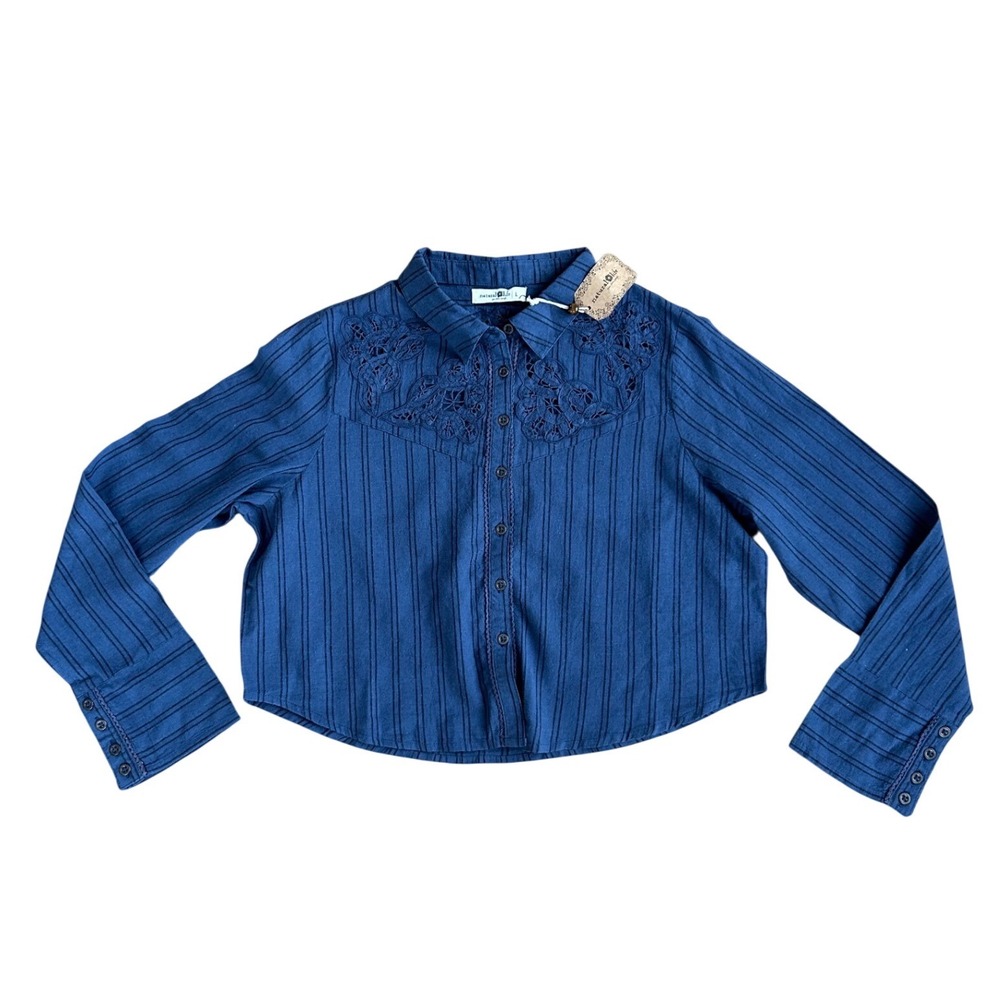 Natural Life Anna Blue Striped Eyelet Lace Embroidered Button Down Shirt Large - Picture 2 of 8